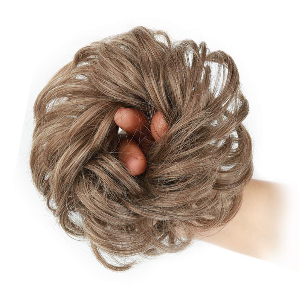 MORICA 1PCS Messy Hair Bun Hair Scrunchies Extension Curly Wavy Messy Synthetic Chignon for Women (12AH613(Light Golden Brown & Lightest Blonde))