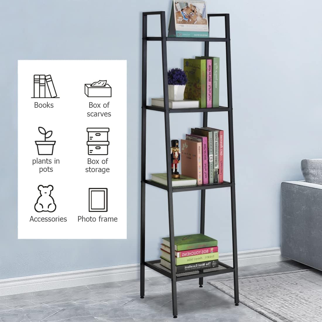 Uptyia Bookcases,Uptyia 4-Tier Shelving Unit Bookcase with Open Shelves,Standing Bookshelves Metal Frame Display Rack for Living Room,Bedroom