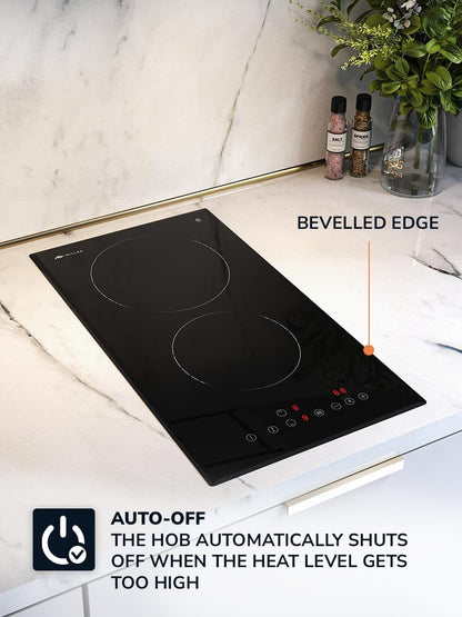 MIILLEN Built in Electric hob, 30 cm Black Glass, 2 Heating Zones, 3000W, Touch Control, MEH 301 BL, 3 Year Warranty