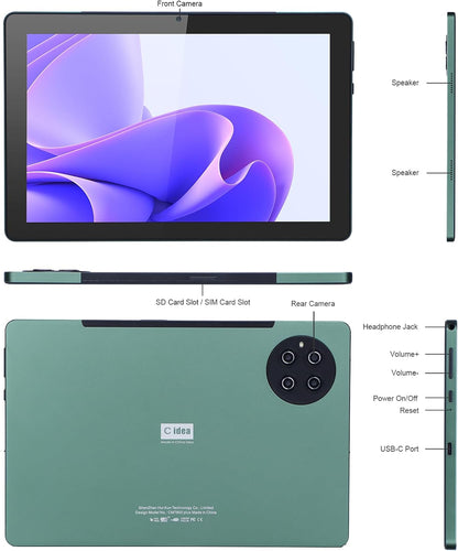 C idea 10.0 Inches Tablet, Android Adults Tablet 512GB Storage Supports Sim Dual Camera Long Battery Life Gaming Tablet With Keyboard Green