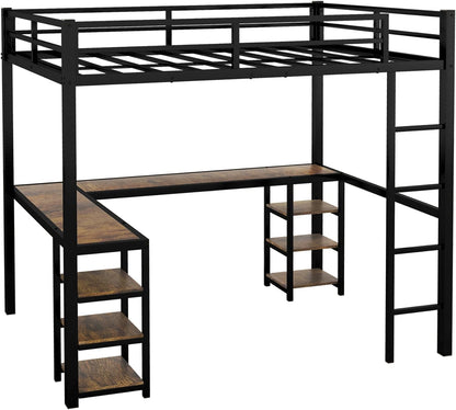 ROYAL POLAR Full Size Loft Bed with Desk and Storage Shelves Heavy Duty Metal Dunk Bed with Full-Length Guardrail Ladder Suitable for Teenagers Capacity 180KG