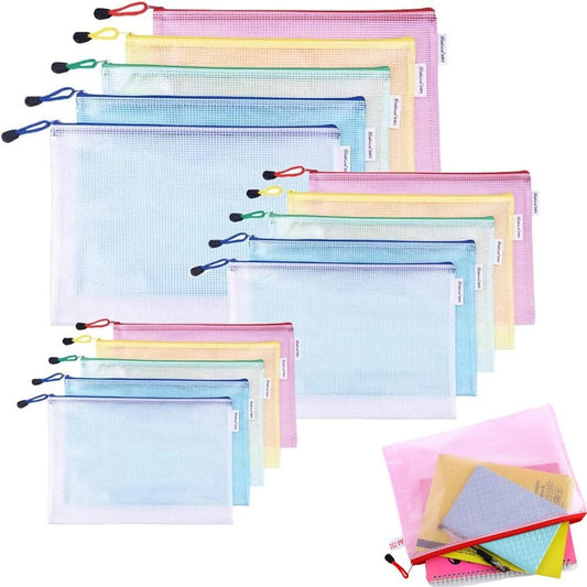 Goodern 15 Pack Mesh Zipper Pouch Document Bags,A3|A4|A5 Size Document Bags Plastic Zip File Folders 5 Color Organize Bags Waterproof File Envelopes for School Office Supplies Cosmetics Travel Storage