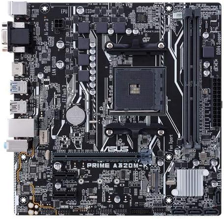 ASUS PRIME A320M-K (AMD A320) AM4 uATX motherboard with LED lighting, DDR4 3200MHz, 32Gb/s M.2, HDMI, SATA 6Gb/s, USB 3.0 - CaveHubs