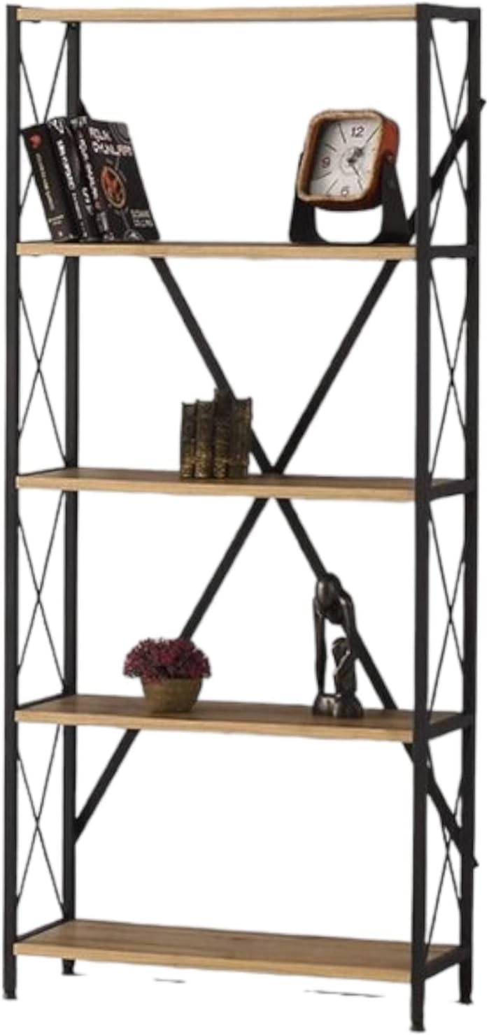 REKO -Ladder Shelf, 5 Tier Bookshelf, Storage Rack Shelves 120 cm high x 70 cm width, Bathroom, Living Room, Wood Look Accent Furniture, Metal Frame, Rustic Brown + Black