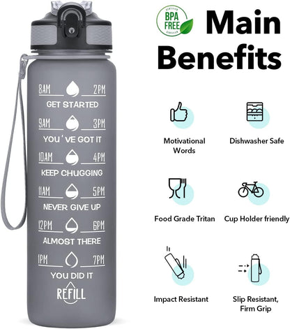 S2C™ Motivational Large Water Bottle 1L Tritan Plastic Water Bottle With Time Markers, Leak Proof Water Bottle For Kids, School Water Bottles (GREY)