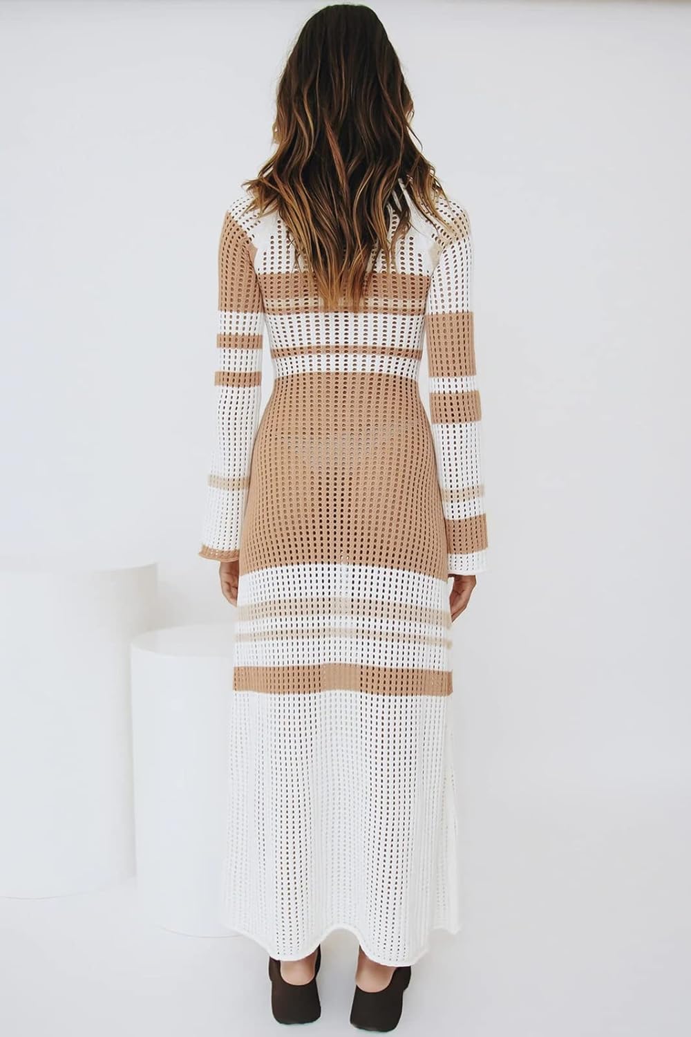 Womens Striped Square Collar Knit Hollow Out Long Sleeve Crochet Maxi Dress