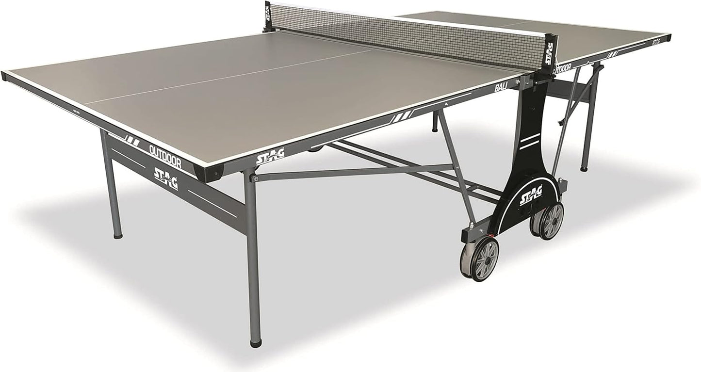 STAG Weatherproof Bali Outdoor Indoor Professional Table Tennis Table | Quick Assembly | 2 Racquets, 6 Balls, 1 Net Set & 1 Cover Included, Grey