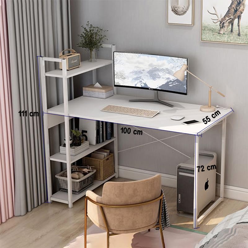 ZUIHAO Home Office Computer Desk Large Table, 110 * 60cm Study Writing Desk,Simple Style PC Laptop Table with Bookshelf,Modern Large Gaming Table,White