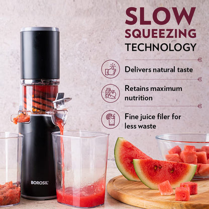 Borosil Easy Juice Cold Press Slow Juicer, Portable Slow Juicer, Compact Design, Less Oxidation, For Fresh Fruits & Vegetables, 130 W