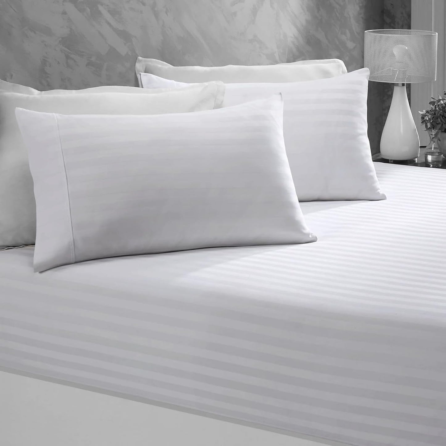 Sleep Well Microfiber Stripe Fitted Sheet with 2 Pillowcase Set - 150x200+17cm (White)