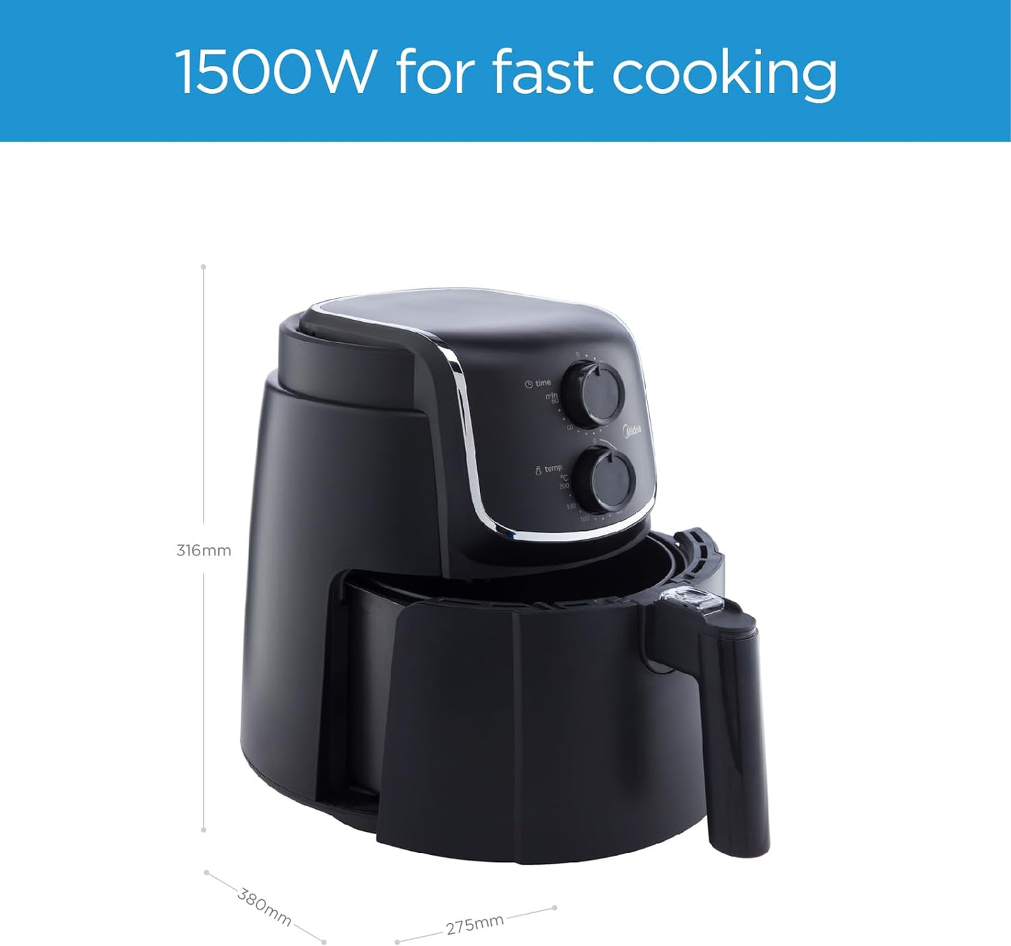 Midea 4.7L XL Digital Air Fryer 1500W with Dual Cyclone Rapid Hot Technology for Frying, Grilling, Broiling, Roasting, Baking, Toasting, Timer up to 60 minutes Temperature Control up to 200°C-MFCN40D2