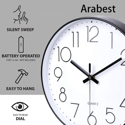 Arabest Wall Clock, Silent Non Ticking Quality Quartz Battery Operated, Round Easy to Read, Silent Wall Clock for Bedrrom, Living Room, Kitchen, Office, School Home Decor (Black)