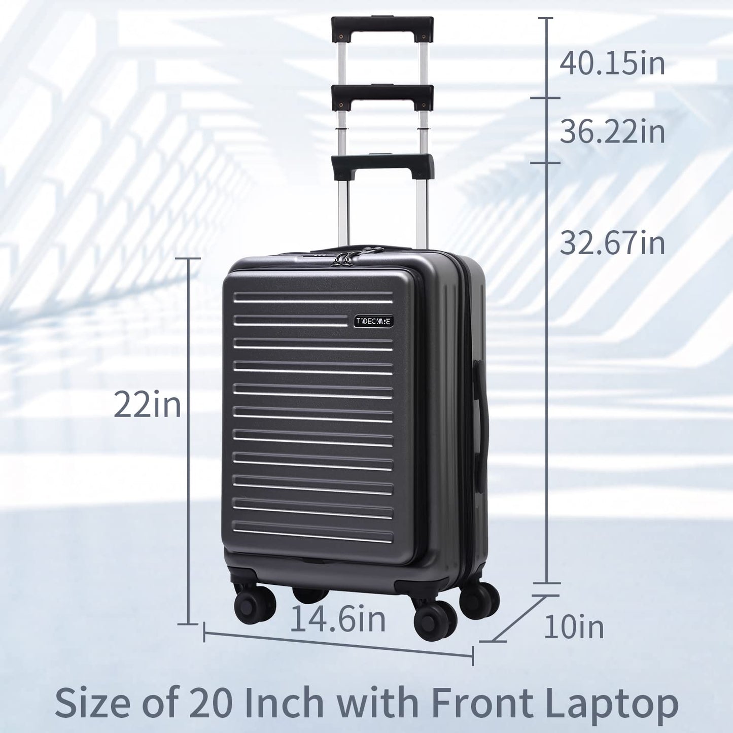 TydeCkare 20 Inch Carrry On Luggage with Front Zipper Pocket, 45L, Lightweight ABS+PC Hardshell Suitcase with TSA Lock & Spinner Silent Wheels, Convenient for Business Trips, Ice Blue