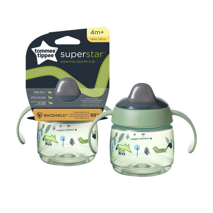 Tommee Tippee Superstar Sippee, Weaning Sippy Cup for Babies with INTELLIVALVE Leak and Shake-Proof Technology and BACSHIELD Antibacterial Technology, 4m+, 190ml, Pack of 1, Green