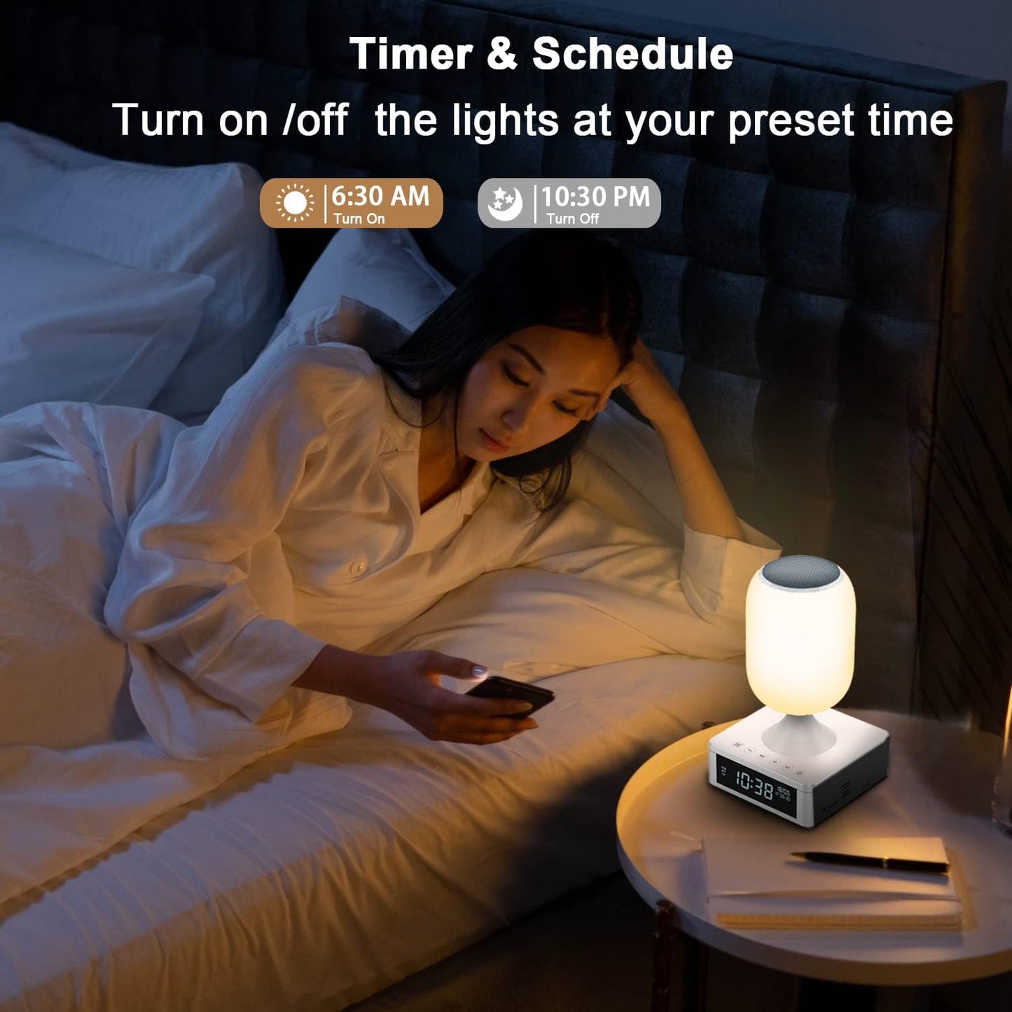 LED Table Lamp,Music Bedside Lamp with 2 USB Ports,Sunrise Alarm Clock, Touch Control Nightstand Reading Light,APP Control Easy Setting Light with Dimmable Mirror LED Display for kids and adults