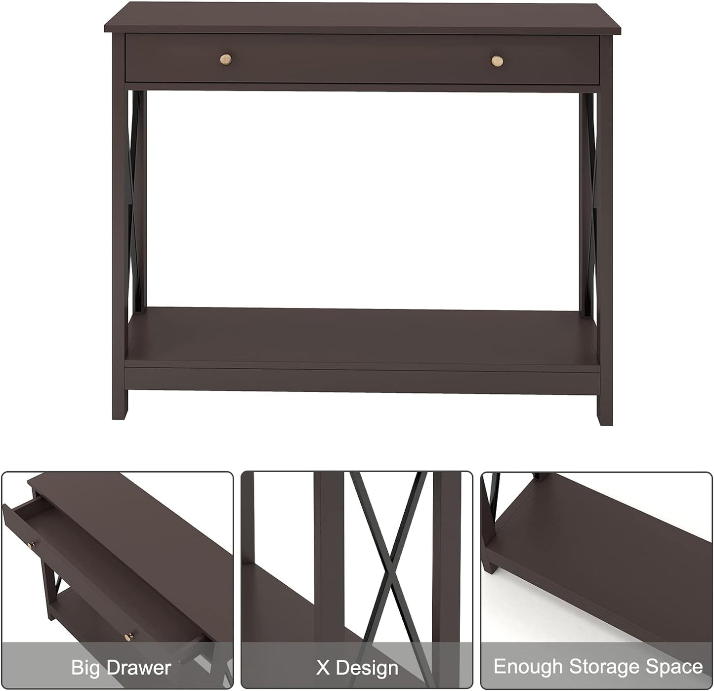 Treocho Oxford Design Console Table with 1 Drawer, Foyer Sofa Table Narrow for Entryway, Black