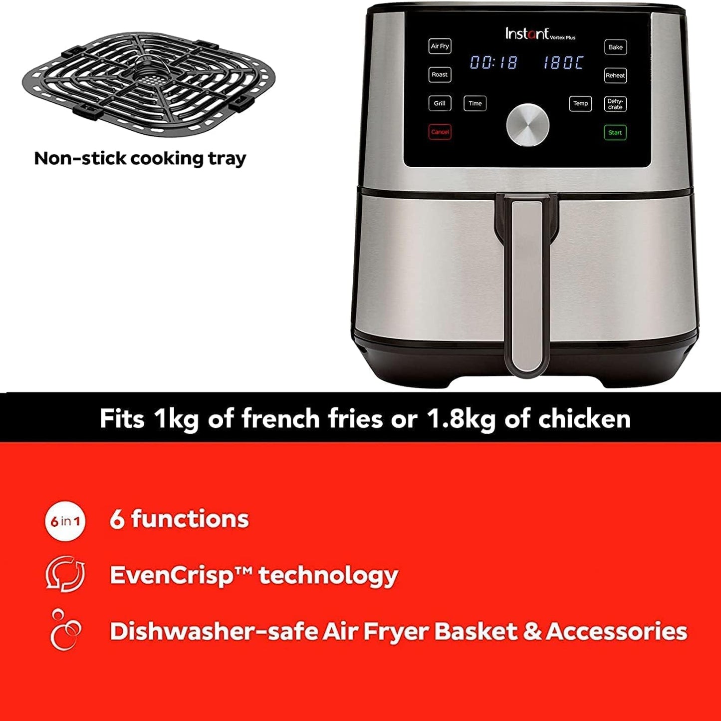 Instant Vortex 5.7L, 1700W Digital Air Fryer Single ClearCook Drawer and 6 Smart Programmes - Air Fry, Bake, Roast, Grill, Dehydrate, Reheat, 2 Years Manufacturer's Warranty