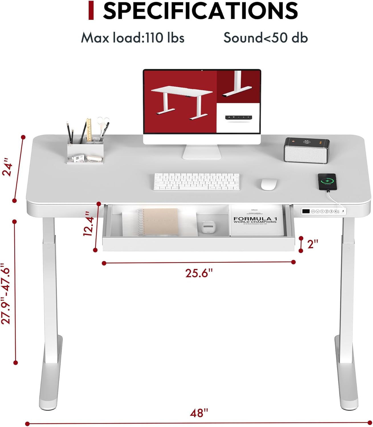 FLEXISPOT Electric Height Adjustable Standing Desk with Drawer 48 x 24 Inches Natural Desktop & Adjustable White Frame Quick Install Computer Workstation (USB Charge Ports, Memory Controller)