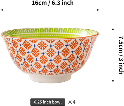 Techplus Set of 4 Orange and Green Ceramic Bowls – 6.25 Inch Floral Pattern – Microwave, Dishwasher, Oven Safe – Perfect for Salads, Pasta, Soup – Stylish Kitchen Gift