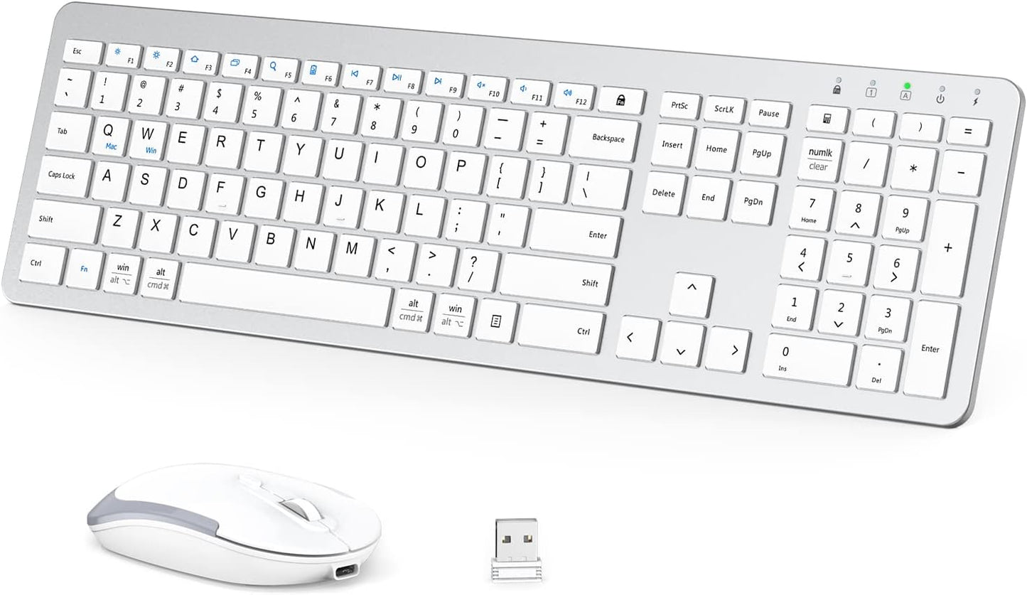 iClever Wireless Keyboard and Mouse GK08- Rechargeable Wireless Keyboard Ergonomic Full Size Design with Number Pad, 2.4G Stable Connection Slim White Keyboard and Mouse for Windows, Mac OS Computer