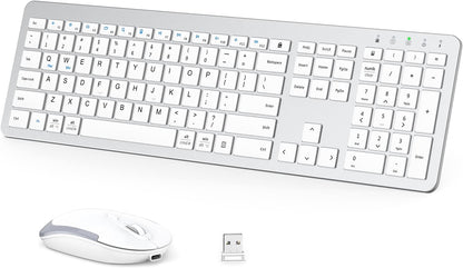 iClever Wireless Keyboard and Mouse GK08- Rechargeable Wireless Keyboard Ergonomic Full Size Design with Number Pad, 2.4G Stable Connection Slim White Keyboard and Mouse for Windows, Mac OS Computer