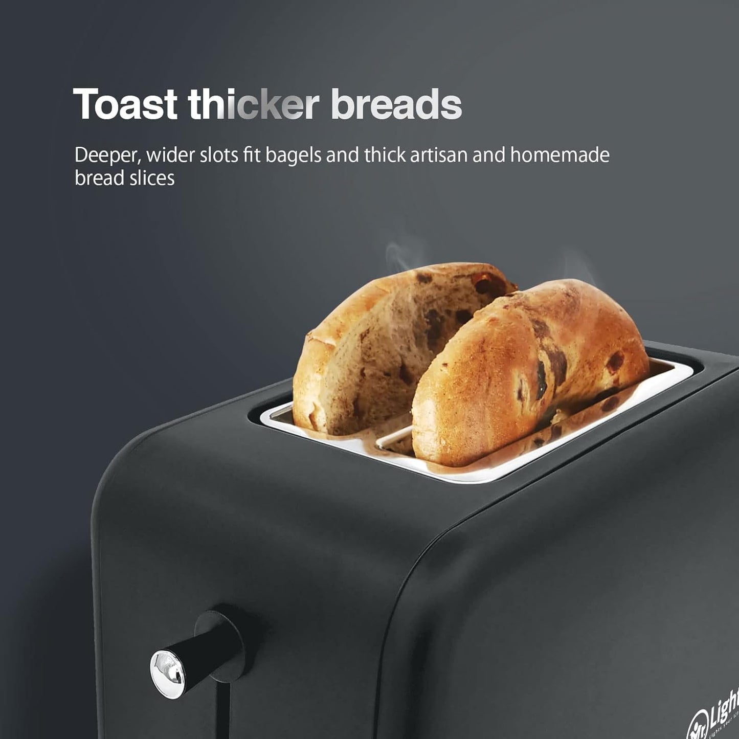 Mr Light Toaster, 2 Large Slots, Compact Electric Bread Toaster with 6 Toast Setting Defrost, Reheat, Cancel Functions, Removable Crumb Tray, Black Toaster (black), Mr.891