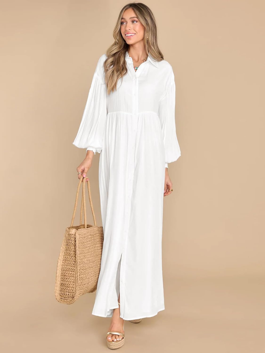 Women's Maxi Shirt Dress Button Down Long Sleeve Casual Flowy A-line Long Dress