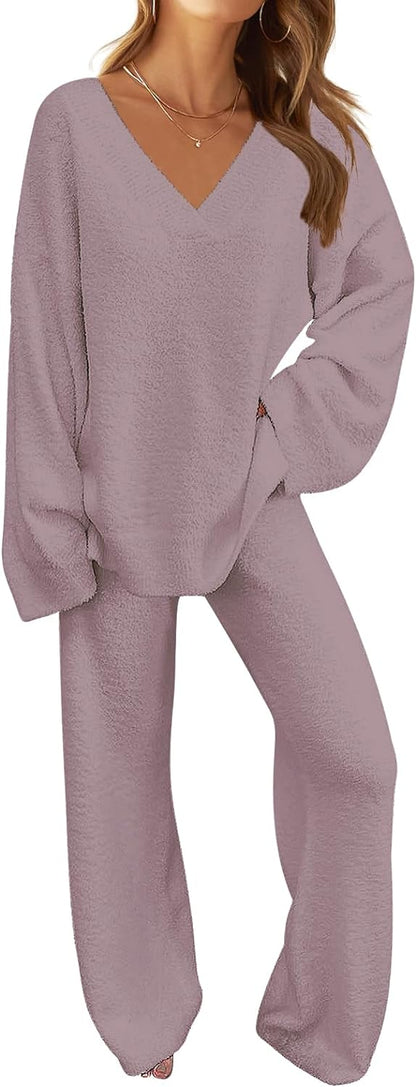 MEROKEETY Women's 2 Piece Outfits Fuzzy Fleece Pajama Set Long Sleeve Top Wide Leg Pants Loungewear