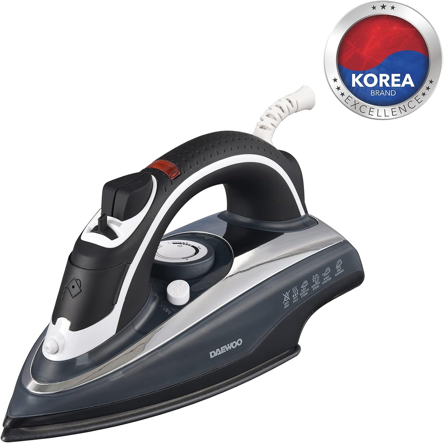 Daewoo 2200W Steam Iron With Ceramic Soleplate, Anti-Drip, Anti-Calc, Auto Shut-Off, Self Clean, Spray & Steam Function Korean Technology DSI2020G Grey - 2 Years Warranty