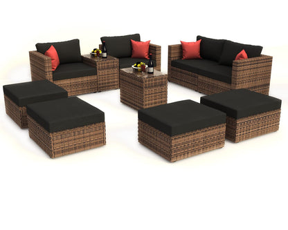 Goohome, Conversation Patio Set, 10 Pieces Wicker Outdoor Sectional Sofa with Black Cushions and Red Pillows,w/Furniture Protection Cover, for Backyard Lawn Garden, Brown