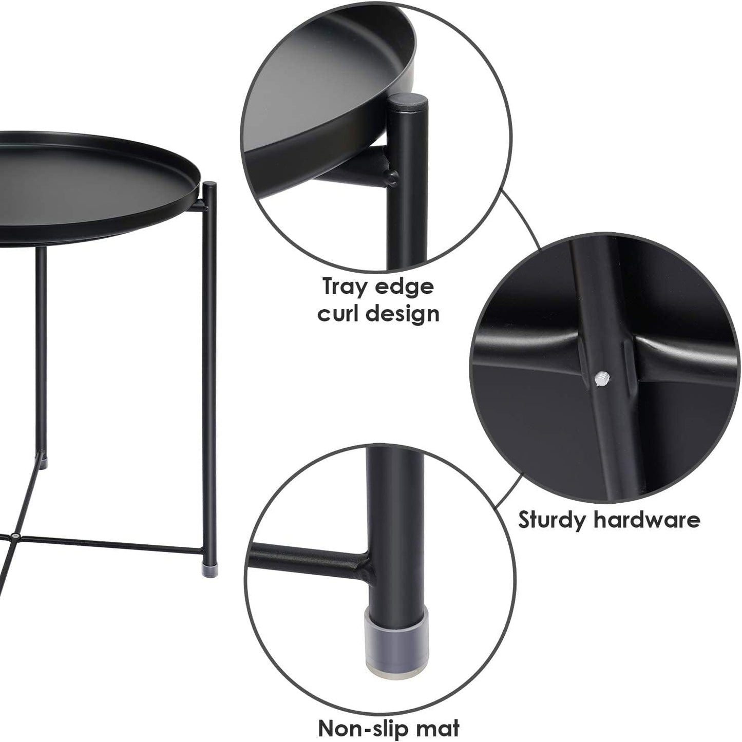 SKY-TOUCH Tray Table with Detachable Tray Top，Round Metal Coffee Table Waterproof Removable Tray Table，for Living Room Bedroom Balcony Office （42×42×53cm），Black