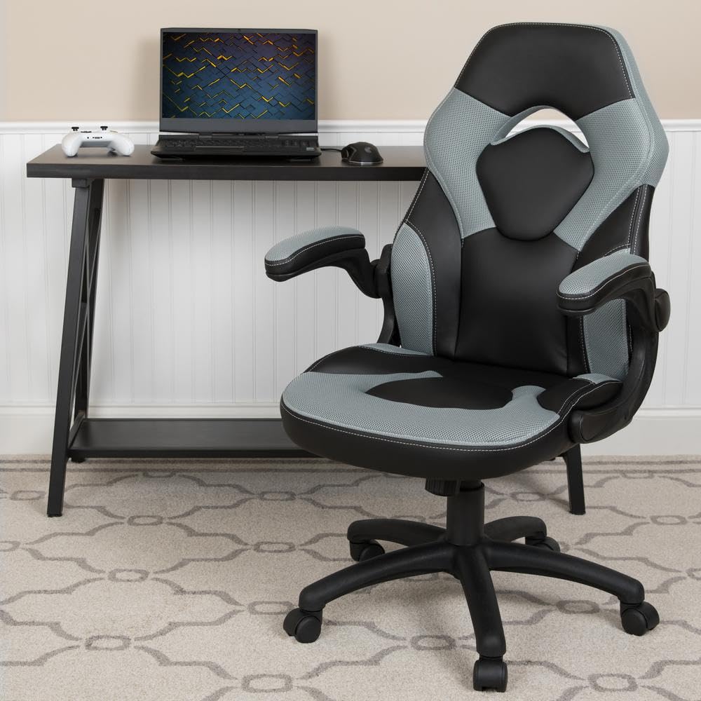 Flash Furniture X10 Gaming, Racing Office Ergonomic Computer PC Adjustable Swivel Chair with Flip-up Arms, Gray/Black LeatherSoft