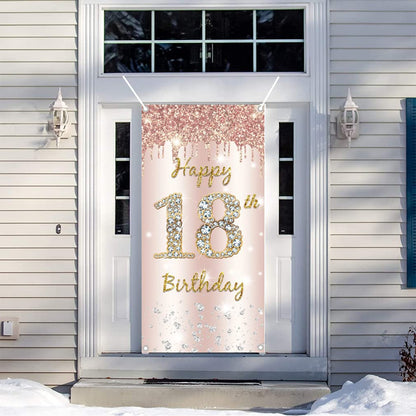 18th Birthday Girl Decoration, Happy 18th Birthday Door Banner Rose Gold, 18th Birthday Fabric Sign Poster Door Decoration, 18th Birthday Background Banner, Birthday Party Welcome Sign