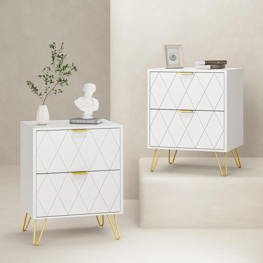 Lepdep White Nightstand Set of 2, End Side Table Double, Bedside Table with 2 Drawers, Dual Night Stand Metal Legs for Bedroom Living Room