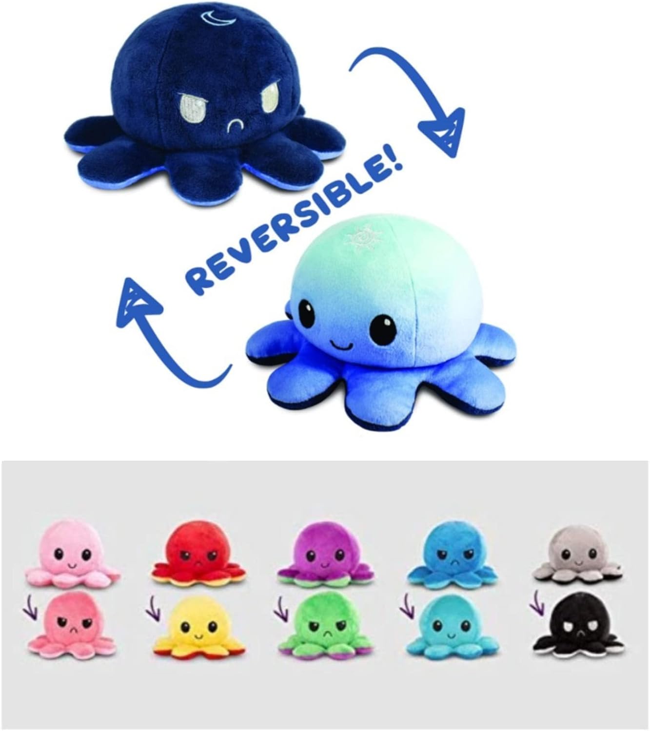 GrabMantra Reversible Octopus Plushie Soft Toys, Double-Sided Flip Stuffed Animal Mood Plush Show Your Mood Without Saying a Word, A Gift for Kids and Decorations | Happy + Angry | (Sunset + Mermaid)