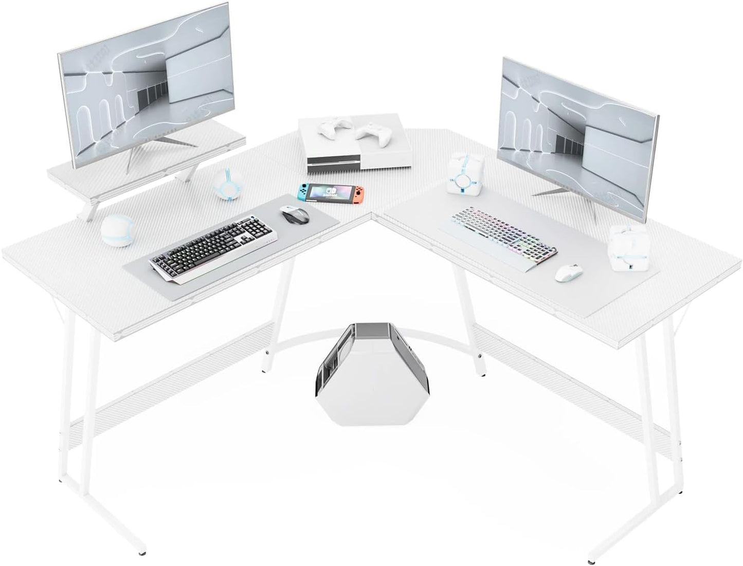 WWI Gaming Desk Computer Desk Office Desk 130cm L Shaped Desk with Carbon Fiber Surface Corner Desk Study Desk with Removable Monitor Stand (white)