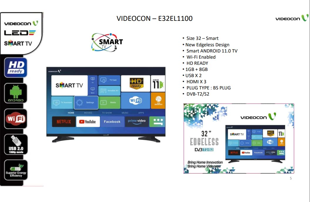 Videocon 43 Inch TV Full HD Smart Android 11 Google Play Netflix, YouTube, Shahid, Built, in Bluetooth, & WiFi, Black Color Model - E43EL1100-1 Year Full Warranty.