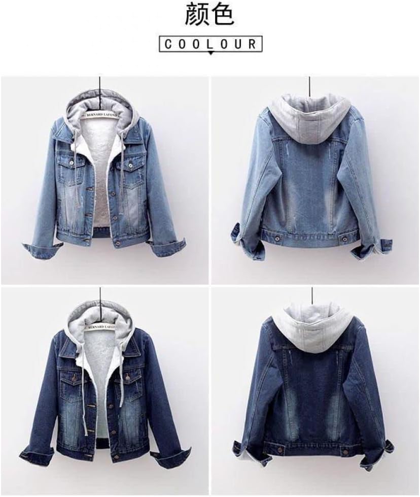 Denim Jacket Women Winter Korean Style Hooded Short Long-Sleeved Woolen Cloth Plus Velvet Thick Lamb Wool Cotton Coat