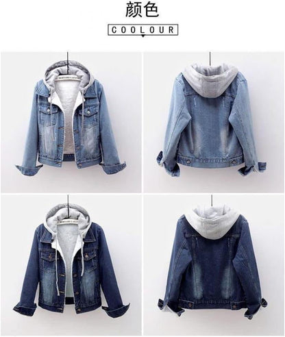 Denim Jacket Women Winter Korean Style Hooded Short Long-Sleeved Woolen Cloth Plus Velvet Thick Lamb Wool Cotton Coat