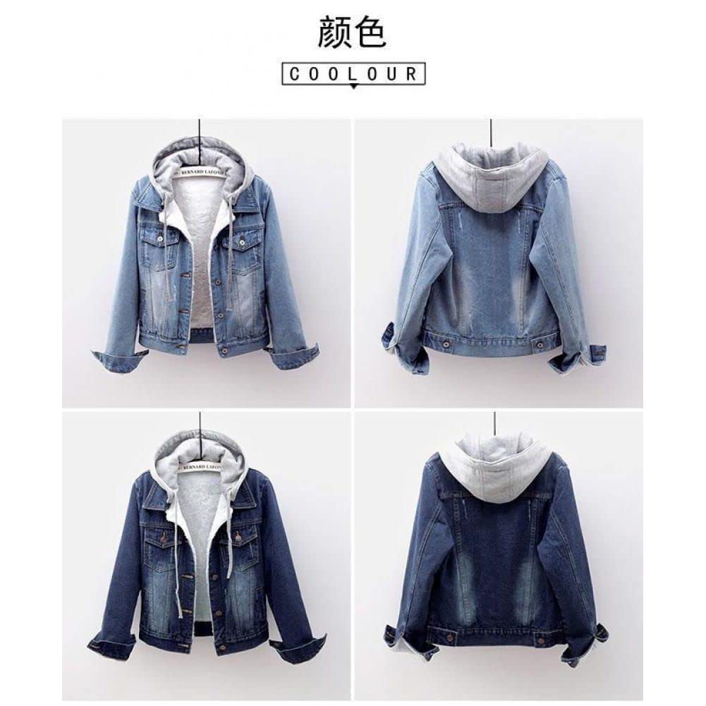 Denim Jacket Women Winter Korean Style Hooded Short Long-Sleeved Woolen Cloth Plus Velvet Thick Lamb Wool Cotton Coat