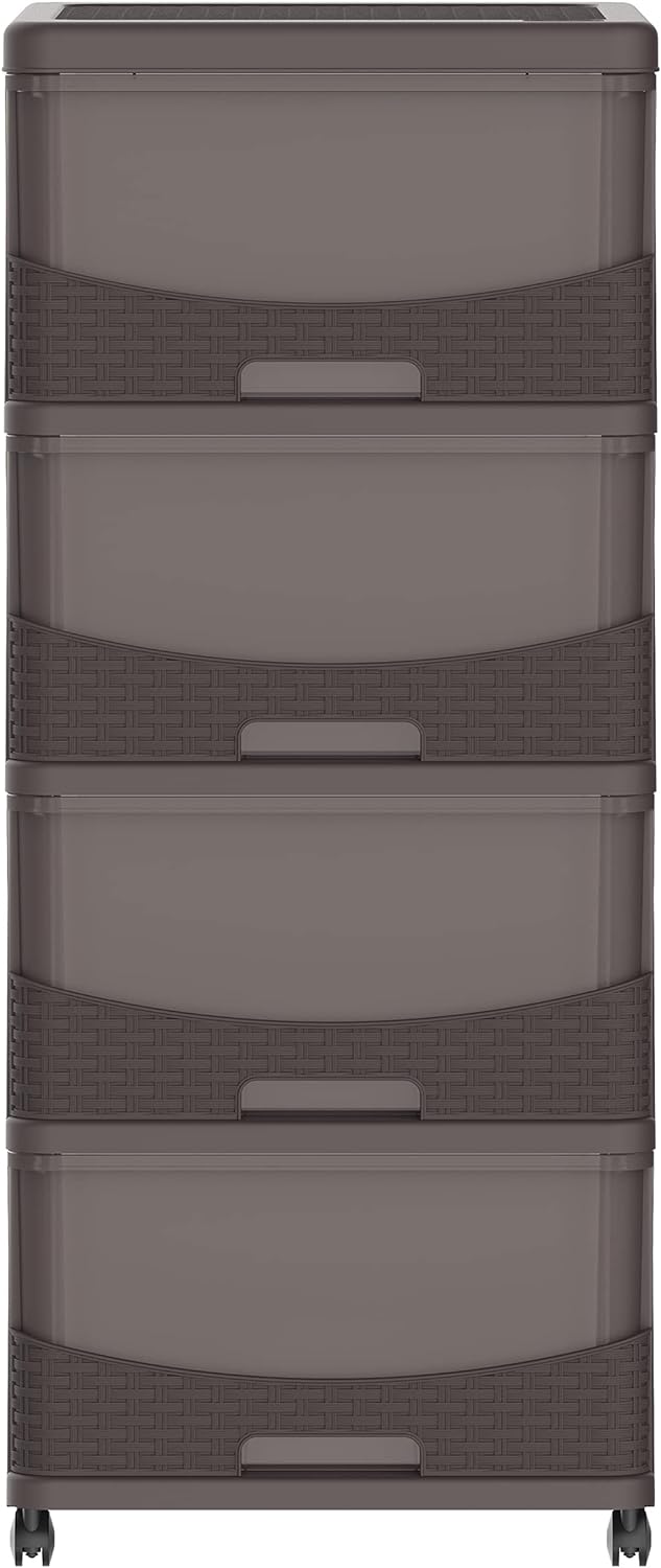 Cosmoplast Cedarattan 4 Tiers Storage Cabinet With Wheels, Grey With Translucent Drawers