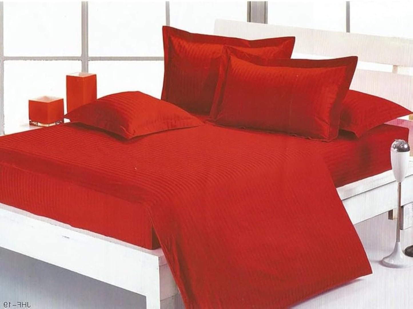 Umeema Super Soft Cotton 4 pcs Single Size (160 x 210 cm) Striped Duvet Cover Set, Fitted bed sheet with pillow cases - set (RED)