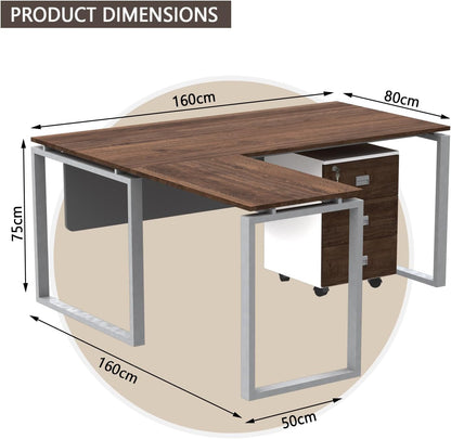 Mahmayi Carre Modern Workstation- Office Furniture with Steel Square Metal Legs, Silver Modesty Panel, Wood 3 Drawer Mobile Storage Unit, Tempered Glass Top for Office Executives, Home (140CM, White)