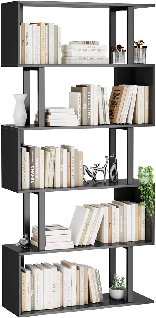 Gadroad 5-Tier Geometric Bookcase,S Shaped Bookshelf, Wood Decorative Storage Shelving, Modern Freestanding Display Shelves, Tall Book Shelf Unit for Living Room Bedroom, Black