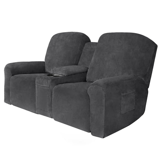 Easy-Going Velvet Reclining Loveseat with Middle Console Slipcover, Stretch 8-Piece Loveseat Reclining Sofa Covers, 2 Seat Loveseat Recliner Slipcover, Thick, Soft, Washable, Gray