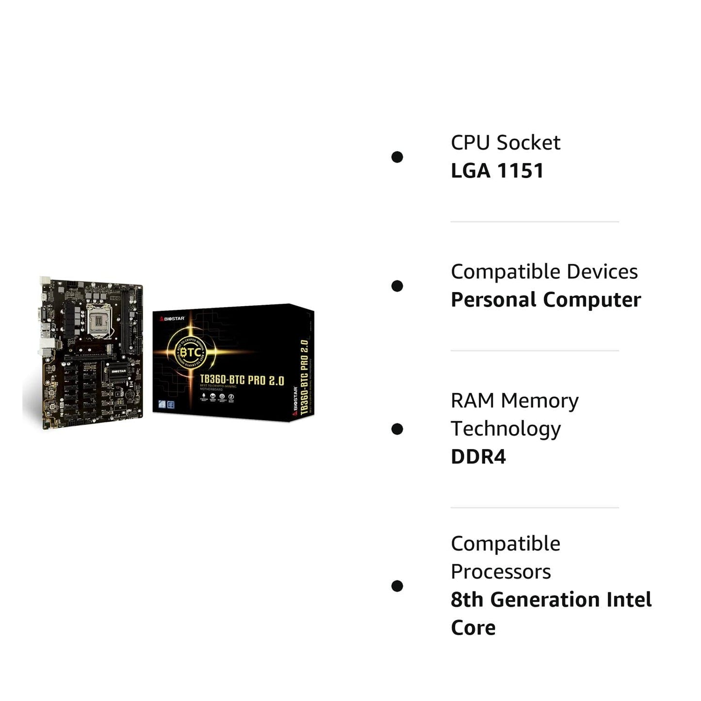 Biostar TB360-BTC PRO 2.0 Core i7/i5/i3 Intel 8th and 9th Gen LGA1151 B360 DDR4 12 GPU Mining Motherboard Upgraded Model