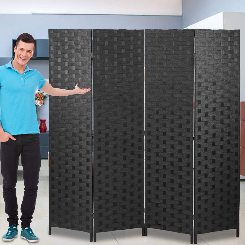 Room Dividers and Folding Privacy Screens 4 Panel 6 ft Foldable Portable Room Seperating Divider, Handwork Wood Mesh Woven Design Room Divider Wall, Room Partitions and Dividers Freestanding, Black