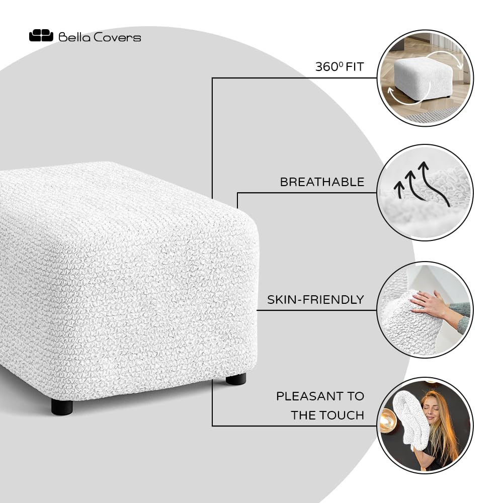 PAULATO BY GA.I.CO. Ottoman Cover Stool Cover Pouf Slipcover - Soft Polyester Fabric Slipcover - 1-piece Form Fit Stretch Furniture Protector - Microfibra Collection - White (Ottoman)