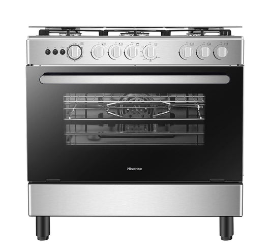 Hisense 90cm Freestanding Gas Cooker,5 Pool Gas burner with FFD, Cast Iron Pan support, Mechanical Timer, Glass Grill, Convection Fan, Wok Burner