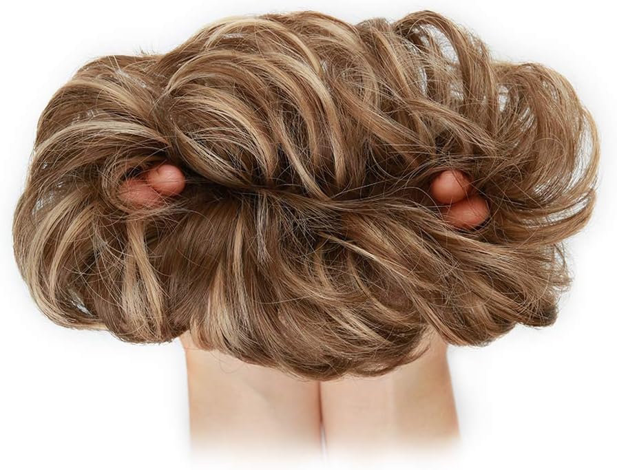 MORICA 1PCS Messy Hair Bun Hair Scrunchies Extension Curly Wavy Messy Synthetic Chignon for Women (12AH613(Light Golden Brown & Lightest Blonde))